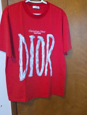 Dior Red Tee with White Brushstroke 'DIOR' Logo
